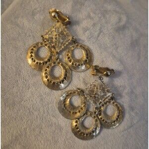 Vintage Filigree Clip Three Open Work Dangling Hoops  Earrings 2"long 1.5 " Wide